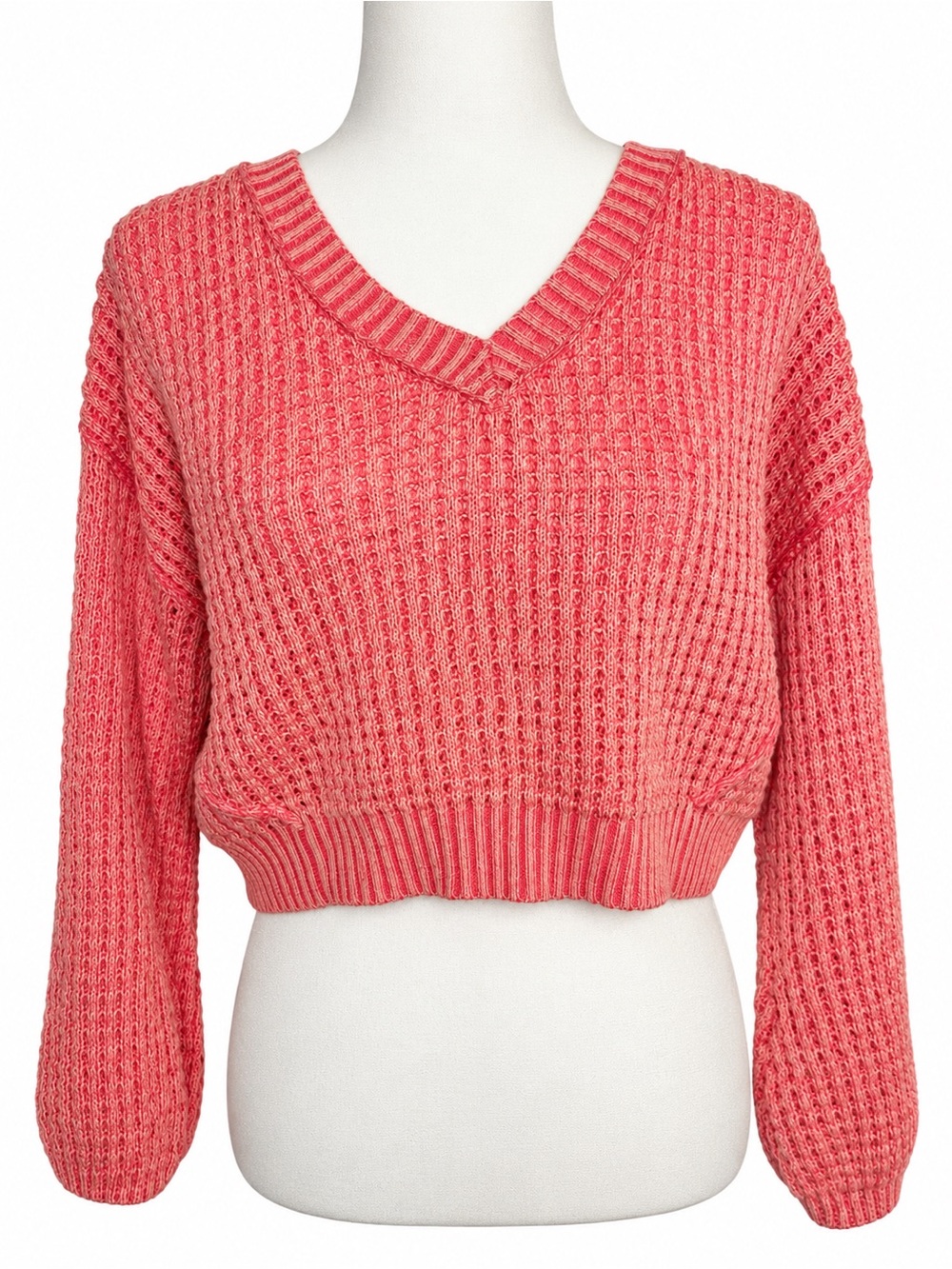 Altar’d State Coral Pink Marled Open Knit Cropped V-Neck Sweater XS